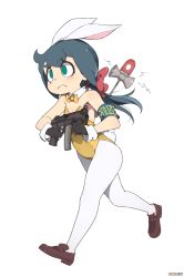 Rule 34 | 1girl, absurdres, animal ears, armband, artist name, bad id, bad pixiv id, bare shoulders, blue hair, bow, bowtie, closed mouth, constanze amalie von braunschbank-albrechtsberger, detached collar, detached sleeves, fake animal ears, formal, frown, full body, green eyes, gun, hair bow, highres, holding, holding gun, holding weapon, leotard, little witch academia, long hair, looking to the side, once 11h, pantyhose, playboy bunny, police, police siren, rabbit ears, rabbit tail, red bow, simple background, solo, suit, sweatdrop, tail, walking, weapon, white background, white pantyhose, yellow bow, yellow bowtie, yellow suit