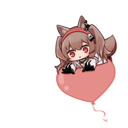 Rule 34 | 1girl, :o, angelina (arknights), animal ears, arknights, balloon, black gloves, blush, brown hair, chibi, earpiece, fox ears, fox girl, fox tail, gloves, hairband, heart balloon, highres, jacket, long hair, lxjun 09, open clothes, open jacket, open mouth, red eyes, red hairband, simple background, solo, striped clothes, striped hairband, tail, twintails, white background, white jacket