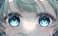 Rule 34 | 1girl, air bubble, blue eyes, bubble, close-up, dot nose, eye focus, green hair, highres, looking at viewer, minamimio0527, original, solo, tearing up, underwater