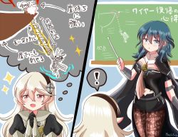 Rule 34 | !, 2girls, amahime kaichou, armor, artist name, black gloves, black hairband, black shorts, blue eyes, blue hair, byleth (female) (fire emblem), byleth (fire emblem), chalkboard, clothing cutout, corrin (female) (fire emblem), corrin (fire emblem), fire emblem, fire emblem: three houses, fire emblem fates, from behind, gloves, hair between eyes, hairband, imagining, long hair, multiple girls, navel cutout, nintendo, open mouth, own hands clasped, own hands together, pantyhose, pantyhose under shorts, pointy ears, print pantyhose, red eyes, shorts, spoken exclamation mark, super smash bros., white hair