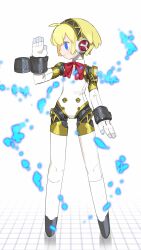 Rule 34 | 1girl, absurdres, aegis (persona), ahoge, android, arm cannon, blonde hair, blue eyes, bodysuit, bow, bowtie, cheri zao, closed mouth, commentary request, full body, gold trim, headphones, highres, joints, light particles, looking to the side, persona, persona 3, profile, red bow, red bowtie, reflective floor, robot girl, robot joints, simple background, smile, solo, standing, weapon, white background, white bodysuit