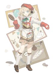 Rule 34 | 1boy, :d, apple, apron, aqua eyes, aqua neckerchief, balloon, beret, bishounen, blonde hair, bob cut, brown footwear, brown shorts, collared shirt, cup, drinking glass, ezra theodore, food, fruit, frying pan, full body, hat, highres, holding, holding frying pan, kneehighs, legs apart, legwear garter, long sleeves, looking at viewer, male focus, mittens, mushroom, neckerchief, official alternate costume, one side up, open mouth, oven mitts, overall shorts, overalls, pizza, pizza hut, red hat, red mittens, reverse:1999, shirt, short hair, shorts, smile, socks, solo, standing, string of flags, tansuangai fenmo, waist apron, white apron, white background, white shirt, white socks