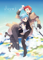 Rule 34 | 1boy, 1girl, bad id, bad pixiv id, blue eyes, blue hair, boots, cane, cloud, envelope, floating, gloves, hetero, hug, long skirt, looking at viewer, nardack, original, outstretched arm, outstretched hand, petals, reaching, red eyes, red hair, skirt, smile, staff, surprised
