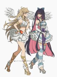 Rule 34 | 2girls, :d, angel wings, bare shoulders, blonde hair, blue eyes, boots, bow, breasts, bridal gauntlets, collarbone, colored inner hair, criis-chan, d:, eye contact, hair bow, heart, high heels, holding, holding stuffed toy, knee boots, layered skirt, long hair, looking at another, multicolored hair, multiple girls, open mouth, panty &amp; stocking with garterbelt, panty (psg), siblings, sisters, skirt, small breasts, smile, stocking (psg), striped clothes, stuffed animal, stuffed cat, stuffed toy, thighhighs, two-tone hair, white skirt, wings