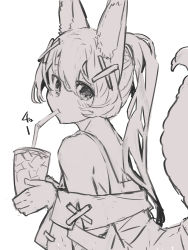 Rule 34 | 1girl, absurdres, animal ear fluff, animal ears, bare shoulders, bendy straw, commentary request, cup, disposable cup, drinking straw, eyebrows hidden by hair, greyscale, hair between eyes, hair ornament, hairclip, highres, holding, holding cup, long hair, long sleeves, monochrome, off shoulder, original, ponytail, sailor collar, shirt, simple background, sleeveless, sleeveless shirt, solo, tail raised, upper body, very long hair, white background, x hair ornament, yuuji (yukimimi)