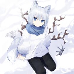 Rule 34 | animal ears, black pants, blue eyes, blue scarf, character request, closed mouth, commentary request, copyright request, expressionless, fox ears, fox tail, gender request, highres, kaigen 1025, long sleeves, looking at viewer, outdoors, pants, scarf, short hair, snow, solo, sweater, tail, white sweater