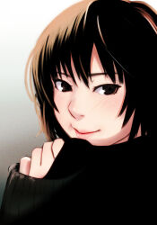 1girl absurdres amagami black_eyes black_hair black_sweater blush brown_background close-up closed_mouth commentary curled_fingers eyelashes from_side gradient_background hair_between_eyes highres long_sleeves looking_to_the_side making-of_available nanasaki_ai nose oshizu pink_lips portrait ribbed_sweater short_hair sleeves_past_wrists smile solo sweater turtleneck turtleneck_sweater white_background