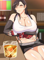 Rule 34 | 1990s (style), 1girl, alcohol, bar (place), bare legs, bare shoulders, black hair, blurry, blurry background, blush, bottle, breasts, cleavage, crossed arms, cup, drinking glass, earrings, elbow gloves, final fantasy, final fantasy vii, fingerless gloves, gloves, highres, ice, ice cube, indoors, jewelry, large breasts, legs, long hair, looking at viewer, midriff, miniskirt, navel, orange eyes, panties, pantyshot, samurai (movemusic), sitting, skirt, smile, solo, stool, suspenders, tank top, thighs, tifa lockhart, underwear, whiskey