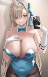 Rule 34 | 1girl, animal ears, asuna (blue archive), asuna (bunny) (blue archive), bare shoulders, blue archive, blue bow, blue bowtie, blue eyes, blue leotard, blush, bow, bowtie, breasts, brown pantyhose, cellphone, cleavage, collar, covered navel, detached collar, fake animal ears, gloves, gradient background, grin, groin, gusim, hand on own chest, hands up, highleg, highleg leotard, highres, holding, holding phone, iphone, large breasts, leotard, light brown hair, long hair, looking at viewer, mole, mole on breast, official alternate costume, pantyhose, phone, playboy bunny, rabbit ears, selfie, silhouette, smartphone, smile, solo, strapless, strapless leotard, teeth, upper body, very long hair, white collar, white gloves, yellow background