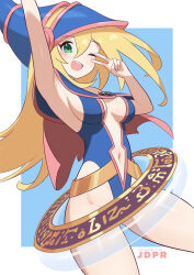 Rule 34 | 1girl, arm up, armpits, blonde hair, blue hat, blush, blush stickers, breasts, dark magician girl, duel monster, green eyes, hat, highleg, highres, innertube, jdpr, large breasts, long hair, looking at viewer, navel, one eye closed, open mouth, outside border, presenting armpit, solo, swim ring, swimsuit, v over eye, witch hat, yu-gi-oh!