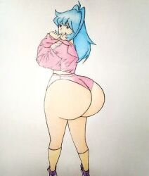 Rule 34 | 1girl, artist request, ass, blue hair, short shorts, calf socks, huge ass, jacket, looking back, lowres, original, purple shoes, shoes, shorts, simple background, sketch, solo