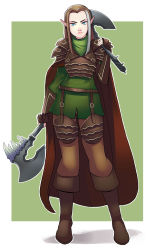 Rule 34 | 1girl, armor, axe, battle axe, blue eyes, boots, breastplate, brown hair, brown legwear, character request, dual wielding, elf, eyebrows, faulds, fingerless gloves, full body, gloves, greenmarine, grey hair, highres, holding, knee boots, lips, long hair, long legs, looking at viewer, multicolored hair, nose, over shoulder, pauldrons, pointy ears, shoulder armor, simple background, solo, standing, streaked hair, vambraces, weapon, weapon over shoulder