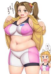 Rule 34 | !?, blush, breasts, brown eyes, brown hair, commentary request, covered erect nipples, cowboy shot, gundam, gundam build fighters, hair ornament, highres, hood, hood down, hoodie, hoshino fumina, large breasts, long hair, looking at viewer, musical note, navel, open clothes, open hoodie, open mouth, orizen, plump, sazaki kaoruko, simple background, sweatdrop, thick thighs, thighs, translation request, twintails, white background, yellow hoodie