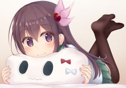Rule 34 | 1girl, black thighhighs, brown hair, commentary request, green sailor collar, green skirt, highres, kantai collection, kisaragi (kancolle), long hair, looking at viewer, lying, minakami mimimi, miss cloud, on stomach, pillow, pleated skirt, purple eyes, sailor collar, school uniform, serafuku, skirt, solo, stuffed toy, thighhighs
