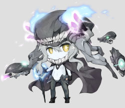 Rule 34 | 10s, 1girl, abyssal ship, black gloves, blue fire, bodysuit, boots, cape, chibi, enemy aircraft (kancolle), fire, full body, gloves, i-class destroyer, kantai collection, long hair, ni-class destroyer, options, pale skin, plus9, silver hair, simple background, solo, staff, standing, wo-class aircraft carrier, yellow eyes
