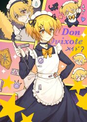 Rule 34 | &gt; &lt;, 035nnn, 1girl, :3, apron, badge, black choker, black dress, choker, closed mouth, don quixote (project moon), dress, duster, highres, holding, holding duster, limbus company, long sleeves, looking at viewer, maid, maid headdress, multiple views, project moon, smile, sparkling eyes, sticker, white apron