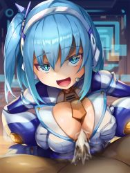 Rule 34 | 1boy, 1girl, artist request, blue hair, breasts, breasts squeezed together, cum, cum on body, cum on breasts, cum on upper body, dark-skinned male, dark skin, ejaculation, ejaculation between breasts, headset, hetero, large breasts, lying pov, mega man x (series), mega man x dive, naughty face, open mouth, paizuri, penis, perpendicular paizuri, rico (mega man), robot, smile