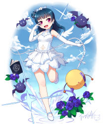 Rule 34 | &gt; &lt;, 1girl, :d, arm up, bare shoulders, blue bow, blue hair, blue sky, book, bow, breasts, chain, closed eyes, clothing cutout, cloud, commentary request, day, dress, elbow gloves, fang, feathers, flower, full body, gloves, hair bow, hair bun, hair flower, hair ornament, head tilt, highres, langbazi, long hair, looking at viewer, love live!, love live! school idol festival, love live! sunshine!!, navel, navel cutout, open mouth, pleated dress, purple eyes, purple flower, purple rose, rose, shoes, side bun, signature, single hair bun, single side bun, sky, sleeveless, sleeveless dress, small breasts, smile, solo, standing, standing on one leg, tsushima yoshiko, v-shaped eyebrows, v over eye, white dress, white feathers, white flower, white footwear, white gloves, white wings, wings