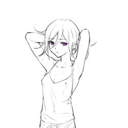 Rule 34 | 1girl, armpits, arms up, bare arms, camisole, closed mouth, collarbone, commentary request, danganronpa (series), danganronpa v3: killing harmony, ewa (seraphhuiyu), genderswap, genderswap (mtf), hair between eyes, looking at viewer, oma kokichi, purple eyes, simple background, solo, spot color, sweat, tank top, tying hair, upper body, white background