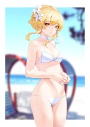 Rule 34 | 1girl, absurdres, bare arms, bare shoulders, beach, bikini, blonde hair, blurry, blush, breasts, choker, cleavage, collarbone, cowboy shot, depth of field, flower, genshin impact, hair flower, hair ornament, highres, leviathan (hikinito0902), looking at viewer, lowleg, lowleg bikini, lumine (genshin impact), medium breasts, medium hair, outside border, shadow, short hair with long locks, sidelocks, small breasts, smile, solo, string bikini, swimsuit, thighs, white bikini, white choker, white flower, yellow eyes