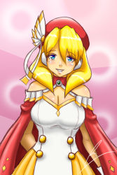Rule 34 | 1girl, alia (mega man), android, blonde hair, borockman85, breasts, cape, cleavage, dress, facing viewer, female focus, large breasts, looking at viewer, off-shoulder, pink background, red headwear, robot ears, mega man (series), mega man x (series), mega man x dive, signature, smile, solo