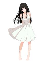 Rule 34 | absurdres, arms behind back, awesome crane, black hair, breasts, chitanda eru, dress, highres, hyouka, large breasts, leaning to the side, long hair, purple eyes, smile, white dress, wind