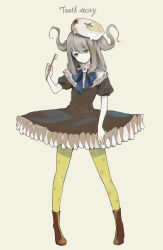 Rule 34 | 1girl, :&lt;, arm at side, bad id, bad pixiv id, beige background, blood, blue ribbon, boots, brown dress, brown footwear, brown hair, character name, dot nose, dress, english text, eyelashes, floral print, frilled dress, frills, full body, grey hair, hair ornament, hand up, head tilt, jitome, long hair, looking away, looking down, multicolored hair, neck ribbon, neck ruff, original, pantyhose, personification, puffy short sleeves, puffy sleeves, ribbon, sad, short sleeves, simple background, solo, standing, streaked hair, tenhana39, tooth hair ornament, toothbrush, two-tone hair, yellow eyes, yellow pantyhose