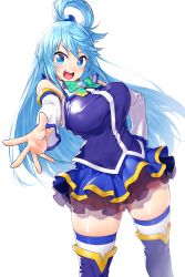 Rule 34 | 1girl, absurdres, aqua (konosuba), bare shoulders, blue eyes, blue footwear, blue hair, blue thighhighs, blush, boots, bow, breasts, commentary request, detached sleeves, green bow, hair between eyes, hair ornament, hair rings, highres, kono subarashii sekai ni shukufuku wo!, large breasts, long hair, looking at viewer, no panties, onsoku inu, open mouth, see-through, simple background, skirt, solo, thick thighs, thigh boots, thighhighs, thighhighs under boots, thighs, very long hair, white background, white sleeves, white thighhighs, zettai ryouiki