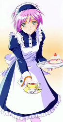 Rule 34 | 1990s (style), apron, blush, cake, cup, feet out of frame, food, fork, green eyes, highres, holding, holding plate, juliet sleeves, kokura masashi, long sleeves, looking at viewer, maid, maid headdress, official art, pantyhose, pink hair, plate, puffy sleeves, retro artstyle, scan, smile, solo, spoon, strawberry shortcake, tea, teacup, tokimeki memorial, tokimeki memorial 2, white apron, white pantyhose, yae kaori