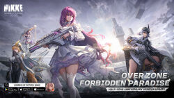 Rule 34 | 4girls, armor, armored bodysuit, armored boots, assault rifle, blonde hair, boots, braid, breasts, cloak, closed eyes, cloud, cloudy sky, copyright name, detached sleeves, detached wings, dorothy (nikke), dress, english text, frilled dress, frills, goddess of victory: nikke, grey hair, gun, haidate, hair intakes, hand on own chest, hat, highres, holding, holding gun, holding weapon, japanese armor, jingasa, kote, large breasts, large hat, long braid, long hair, looking ahead, mechanical arms, mechanical wings, multiple girls, official art, pink hair, praying, purple eyes, rapunzel (nikke), rifle, scarlet (nikke), serious, shoulder armor, single mechanical arm, sky, snow white (nikke), sode, standing, sunrise, sword, thighhighs, thighs, trigger discipline, turning head, two-sided cloak, two-sided fabric, veil, very long hair, visor (armor), visor lift, weapon, weapon on back, white cloak, white dress, white hair, white thighhighs, wings, yellow eyes, zettai ryouiki