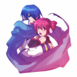 Rule 34 | 1boy, 1girl, bad id, bad pixiv id, blue eyes, blue hair, blue scarf, detached sleeves, drill hair, hanbu, kaito (vocaloid), kasane teto, red eyes, red hair, scarf, simple background, twin drills, twintails, upper body, utau, vocaloid, white background