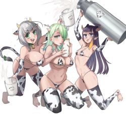 Rule 34 | 3girls, animal ears, animal print, arm between breasts, barefoot, bell, between breasts, bikini, blunt bangs, blush, bottle, breasts, ceres fauna, cleavage, cow ears, cow girl, cow horns, cow print, cow print bikini, highres, hololive, hololive english, horns, huge breasts, large breasts, long hair, looking at viewer, milk bottle, multicolored hair, multiple girls, navel, neck bell, ninomae ina&#039;nis, open mouth, pointy ears, print bikini, purple hair, shirogane noel, simple background, small breasts, swimsuit, tail, takodachi (ninomae ina&#039;nis), tentacle hair, thighhighs, virtual youtuber, white background, zedd (zedgawr)