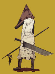 Rule 34 | 1boy, blood, commentary request, gloves, great knife, helmet, highres, knife, male focus, monster, muscular, pyramid head, silent hill, silent hill (series), silent hill 2, sword, weapon