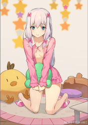 Rule 34 | 10s, 1girl, aqua eyes, blurry, blush, bow, breasts, buttons, carpet, clenched hands, collarbone, collared shirt, eromanga sensei, frilled shirt, frilled shirt collar, frilled sleeves, frills, full body, gradient hair, hair bow, hair ornament, hair ribbon, holding, holding stuffed toy, indoors, izumi sagiri, kneeling, light purple hair, long hair, long sleeves, looking at viewer, low-tied long hair, mobile, multicolored hair, no pants, open clothes, open shirt, pajamas, pillow, pink bow, pink ribbon, pink shirt, ribbon, room, seinen, shadow, shirt, shy, silver hair, slippers, small breasts, solo, star (symbol), stuffed animal, stuffed duck, stuffed octopus, stuffed toy, table, teeth, tress ribbon, two-tone hair, weibo watermark
