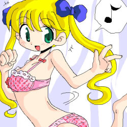 Rule 34 | 1girl, barefoot, bikini, blonde hair, blue bow, blush, bow, bow bikini, breasts, green eyes, hair bow, konami, long hair, looking to the side, madoka (twinbee), marinba, musical note, open mouth, pink bikini, polka dot, polka dot bikini, red bow, small breasts, smile, speech bubble, spoken musical note, standing, standing on one leg, striped background, swimsuit, twinbee, twintails, v, waving, white background