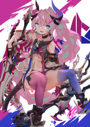 Rule 34 | 1girl, :d, absurdres, asymmetrical legwear, bad id, bad pixiv id, black gloves, black shorts, blue eyes, blue thighhighs, gloves, highres, holding, holding sword, holding weapon, honkai (series), honkai impact 3rd, horns, long hair, looking at viewer, mismatched legwear, navel, open mouth, pink hair, pink thighhighs, rozaliya olenyeva, rozaliya olenyeva (fervent tempo), shorts, smile, solo, sword, tail, thighhighs, weapon, white background, wowowo-chan