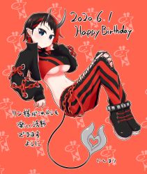 Rule 34 | 1girl, animal print, black footwear, black hair, black jacket, black pants, black sports bra, blue eyes, blush, breasts, chain, closed mouth, commentary request, cropped jacket, cross-laced pants, dated, demon girl, demon horns, demon tail, ear chain, ear piercing, full body, giraffe print, happy birthday, horns, ishimari, jacket, large breasts, looking at viewer, midriff, multicolored hair, nanashi inc., navel, open clothes, open jacket, orange background, pants, piercing, pointy ears, red hair, red pants, red sports bra, ryugasaki rene, ryugasaki rene (1st costume), shoes, short hair, smile, sneakers, solo, sports bra, sugar lyric, tail, translation request, two-tone hair, two-tone pants, two-tone sports bra, underboob, virtual youtuber
