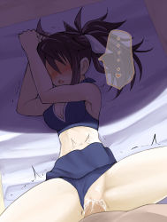 Rule 34 | 1girl, blue eyes, blush, clothed sex, clothing aside, heart, imura (shiro maru), lying, midriff, on back, on bed, open mouth, original, panties, panties aside, penis, ponytail, pov, pussy, sex, shadow, shiro maru, shiromaru, spread legs, uncensored, underwear, vaginal