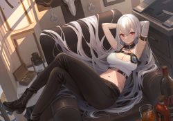 Rule 34 | 1girl, alcohol, animal skull, arm belt, armpits, arms behind head, arms up, azur lane, bandaged arm, bandages, bare shoulders, belt, black footwear, black pants, boots, bottle, breasts, buckle, case, chair, cleavage, collar, commentary, crop top, crossed legs, cuffs, cup, desert eagle, drinking glass, gun, hair between eyes, handcuffs, handgun, highres, lantern, large breasts, long hair, looking at viewer, midriff, mole, mole on stomach, mole under eye, multiple straps, navel, nekojira, pants, police badge, reclining, red eyes, scar, shirt, sidelocks, silver hair, sleeveless, sleeveless shirt, smile, snap-fit buckle, solo, sovetskaya rossiya (azur lane), sovetskaya rossiya (the lackadaisical lookout) (azur lane), stomach, very long hair, vodka, weapon, white shirt, window shadow, wine bottle