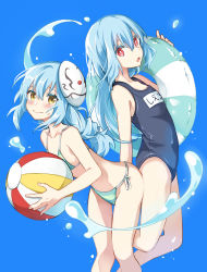 Rule 34 | 2others, androgynous, beach, bikini, blue background, blue hair, blue one-piece swimsuit, blush, ciel (tensei shitara slime datta ken), closed mouth, commentary request, hair between eyes, highres, innertube, long hair, looking at viewer, mask, mask on head, multicolored bikini, multicolored clothes, multicolored swimsuit, multiple others, one-piece swimsuit, open mouth, red eyes, rimuru tempest, school swimsuit, shoura, simple background, smile, striped bikini, striped clothes, striped innertube, swim ring, swimsuit, tensei shitara slime datta ken, yellow eyes