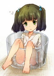 Rule 34 | 1girl, bad id, bad twitter id, barefoot, blunt bangs, feet, full body, glass, green eyes, green hair, hair bobbles, hair ornament, japanese clothes, kimono, kisume, long sleeves, looking at viewer, mini person, minigirl, panties, pantyshot, short hair, simple background, sitting, solo, touhou, twintails, underwear, urin, white background, white panties
