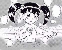 Rule 34 | 1girl, bath, black hair, child, closed mouth, flat chest, giboshi remon, kochikame, looking at viewer, monochrome, nipples, partially submerged, ro hhito rotto, solo, twintails, water, wet