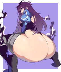 Rule 34 | 1girl, ass, ass focus, back cutout, blue eyes, clothing cutout, hello (minjong0625), highres, huge ass, juliet sleeves, lee soo-jin, leotard, long hair, long sleeves, looking at viewer, looking back, puffy sleeves, purple hair, solo, squatting, the god of high school, thighhighs