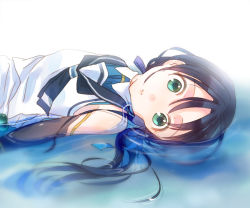 Rule 34 | 10s, 1girl, amattle, blue hair, elbow gloves, gloves, green eyes, kantai collection, long hair, looking at viewer, lying, on back, parted lips, partially submerged, ribbon, school uniform, serafuku, sideways, sleeveless, solo, suzukaze (kancolle), twintails, upper body