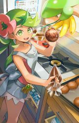 absurdres bare_arms bare_shoulders bow chocolate counter creatures_(company) dark-skinned_female dark_skin dessert flower_ornament food game_freak gen_3_pokemon green_eyes green_hair hair_ornament highres looking_at_viewer mallow_(pokemon) nintendo open_mouth orange_mikan overalls pokemon pokemon_(creature) pokemon_sm smile spatula sunlight thighs tropius twintails