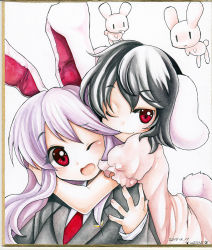 Rule 34 | 2girls, :3, animal ears, bad id, bad pixiv id, black hair, blazer, rabbit, crescent, dated, female focus, fingernails, hair biting, hair in own mouth, hug, hug from behind, inaba mob (touhou), inaba tewi, jacket, long hair, mosho, multiple girls, one eye closed, painting (medium), pink hair, rabbit ears, rabbit girl, rabbit tail, red eyes, reisen udongein inaba, shikishi, short hair, signature, tail, touhou, traditional media, watercolor (medium), wince, wink, | |