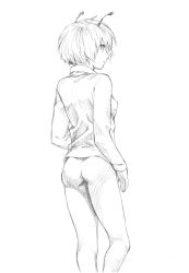 Rule 34 | 1girl, antennae, ass, bottomless, female focus, from behind, greyscale, highres, monochrome, short hair, simple background, solo, takeuma, touhou, white background, wriggle nightbug