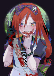 Rule 34 | 1girl, apron, blood, braces, doll joints, halloween, joints, kayanogura, knife, original, red hair, tagme