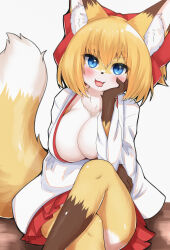 Rule 34 | 1girl, :3, animal ear fluff, animal ears, animal nose, blonde hair, blue eyes, blush, body fur, breasts, brown fur, cleavage, crossed legs, dutch angle, fang, female focus, fox ears, fox girl, fox tail, furry, furry female, hair ribbon, hand on own cheek, hand on own face, hand up, happy, highres, horokusa (korai), japanese clothes, kimono, large breasts, long sleeves, looking at viewer, miniskirt, multicolored fur, open clothes, open kimono, open mouth, original, pleated skirt, red ribbon, red skirt, ribbon, short hair, sidelocks, simple background, sitting, skirt, smile, solo, straight-on, tail, tail raised, thick eyebrows, white background, white fur, white kimono, yellow fur