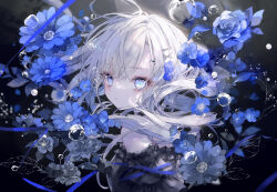 Rule 34 | 1girl, black background, black shirt, blue eyes, blue flower, breasts, closed mouth, commentary, floating hair, flower, from side, grey hair, hair between eyes, herbarium, highres, long hair, looking at viewer, looking to the side, off-shoulder shirt, off shoulder, onineko, original, shirt, small breasts, solo, upper body, water drop